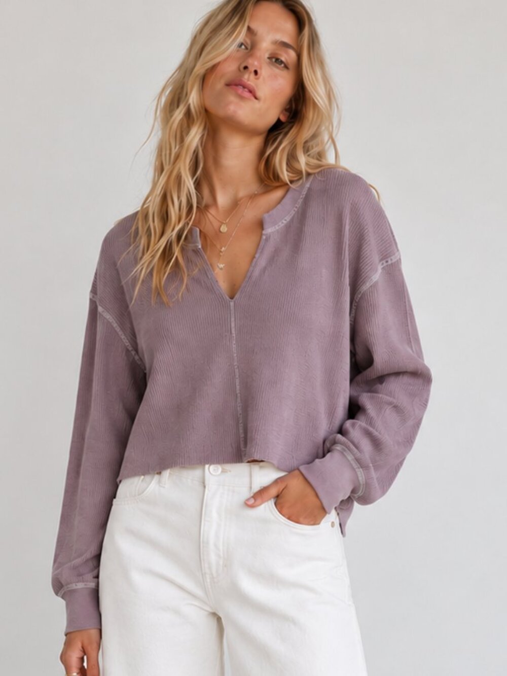 NORDSTROM BP Thermal Boxy V-Neck Cropped Waffle Knit Long Sleeve Top Purple  XXS
